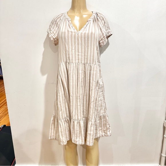 Pact Coastal Double Gauze Striped Dress Sz S Throw And Go Beige Cotton - Picture 1 of 7